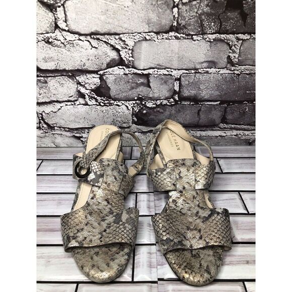 Cole Haan Grand OS Taupe Shimmer Leather Open Block Heel Sandals 5B US/35.5EU - Picture 4 of 16